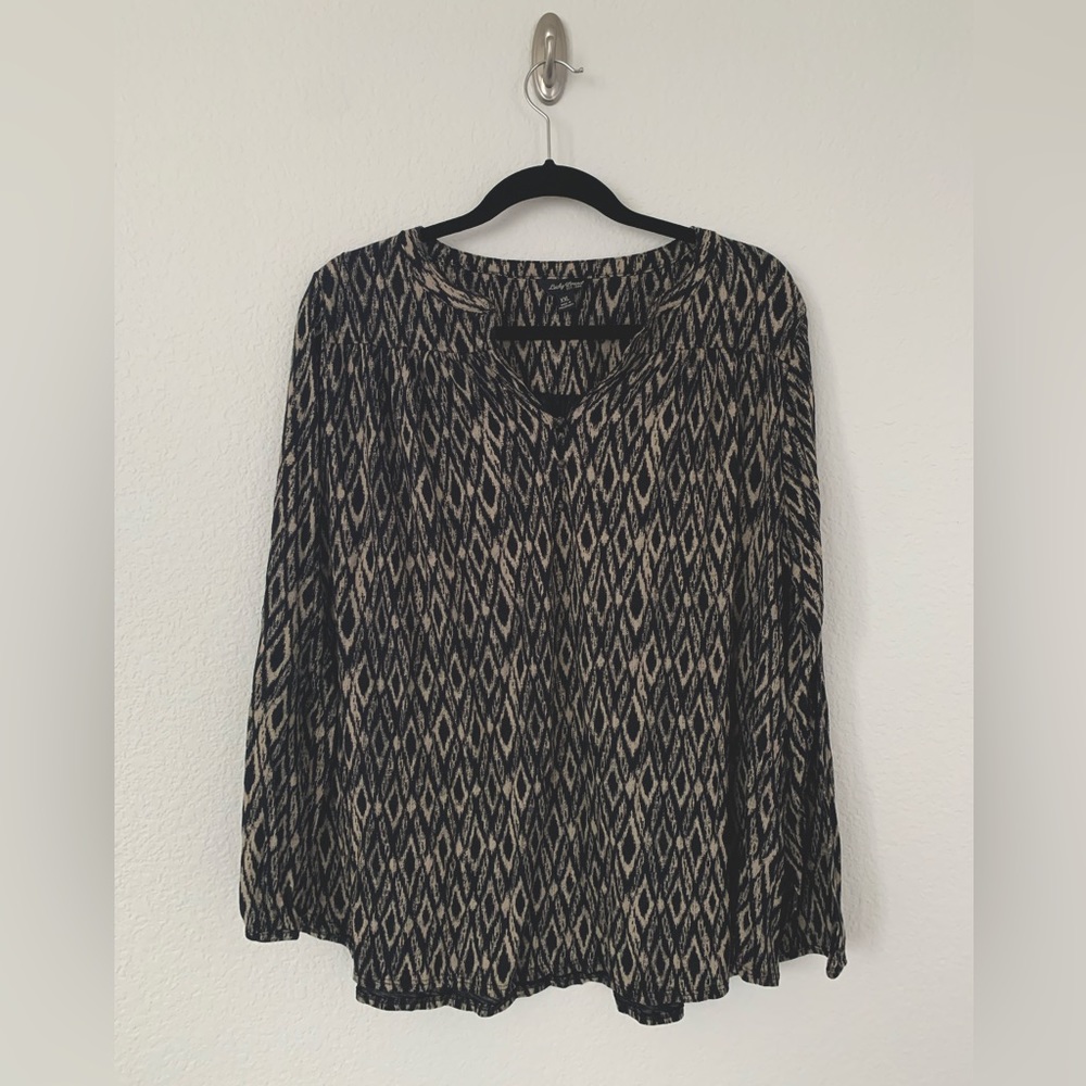Lucky Brand Long Sleeve Brown and Black Printed Top Size XXL